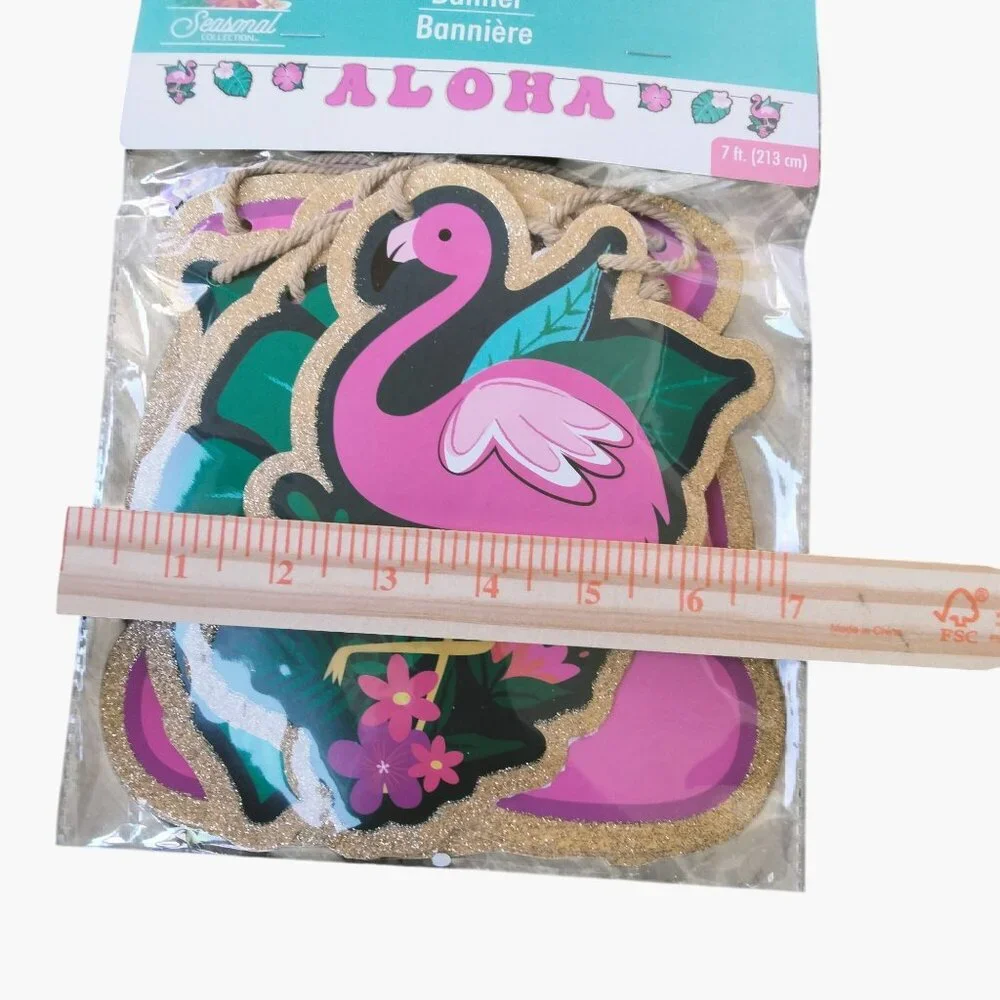 Aloha Flamingo Banner Party Decoration 7 ft Tropical Pink Gold Glitter